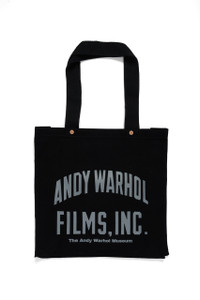 Black square canvas tote, steel grey text: Andy Warhol Films, Inc.