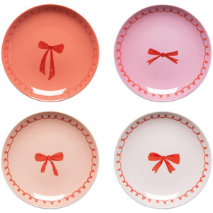 Plates featuring painting of a bow in colors Red, Pink, Blush, and White.