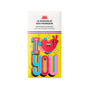 rectangular chocolate bar, illustration of a a red heart giving a peace sign, and the text: I You