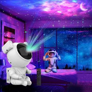 A plastic astronaut projection lamp in front of the lighting type it projects in a child's bedroom