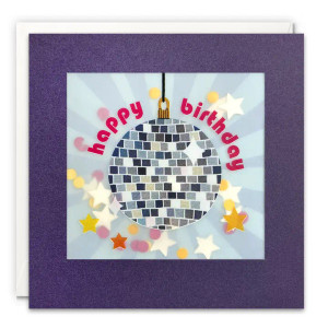Square card, vellum window, confetti inside, disco ball image and red text : Happy Birthday.