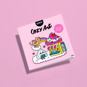 Pink coloring book, illustration of cute kawaii cat, and cupcake shop.