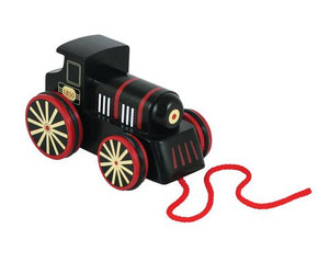 A black wooden pull-along toy train