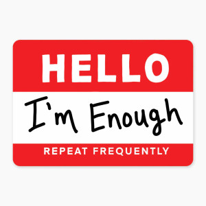 Red and white name label,  text: hello I'm enough repeat frequently