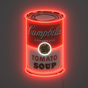 A lit soup can artwork hanging on a wall