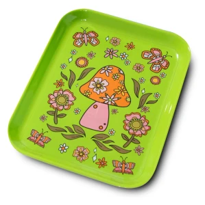 Green tray with illustration of butterflies, flowers and a centered mushroom.