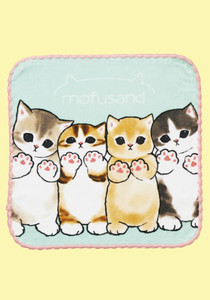 square towel, 4 cute cats with their paws up, mint background. Mofusand Logo in white.