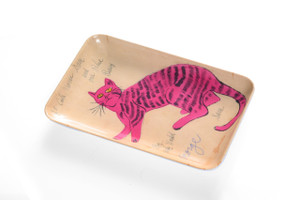 Pink cat artwork by Andy Warhol on a rounded edge trinket tray.