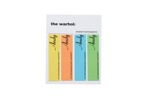 museum exclusive magnetic color block bookmark set of four, in Warhol color palette. Museum name and Andy Warhol script in black.