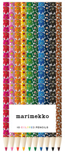 10 colored sharpened pencils with Marimekko pattern on each barrel.