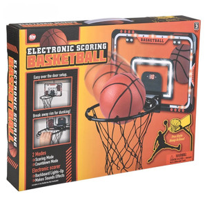 A boxed electronic over-the-door basketball hoop