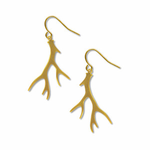 A set of gold tone elk antlers on dangling earring hooks.