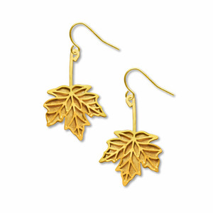 Image of earrings; gold maple leaf with gold border and background.