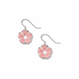 Image of earrings; pink cherry blossom with silver border and background.