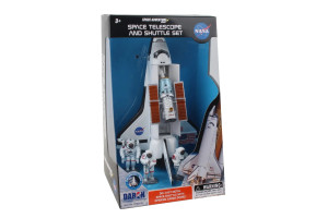 A boxed playset of a die-cast Space Shuttle and space telescope