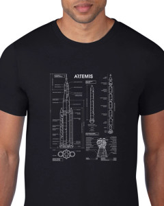 A black t-shirt with the blueprints of the SLS rocket outlined in white
