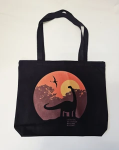 black tote with Dippy logo set against an orange and red sunset