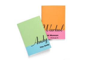 Set of color block journals, Andy Warhol stamp script in black ink.