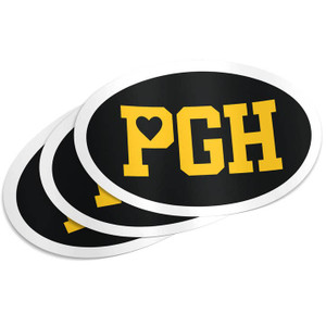 Oval Sticker, black background with white trim, bold gold text that reads "PGH" with a black heart inside of the P.