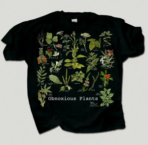 Black crewneck t-shirt featuring illustrations of twenty-two "obnoxious" plants including poison ivy, kudzu, stinging nettle, crabgrass, and deadly nightshade. Text reading "Obnoxious Plants" is centered in white on the bottom of the shirt.
