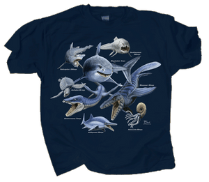 Navy t-shirt features prehistoric sea-dwellers illustrated in bold natural history style. The lineup of ancient marine predators includes Megalodon, Mosasaur, Dunkleosteus, Helicoprion, Archelon, and more. Each species is labeled with its name and geologic era.