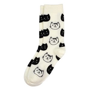 white socks with a black and white cat head pattern.