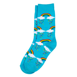 Sky blue crew socks with rainbows and white clouds.