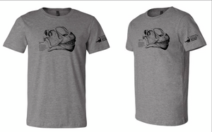 Grey shirt with Camarasaur skull and text in black ink, CMNH logo on left sleeve Grey shirt with Camarasaur skull and text in black ink, CMNH logo on left sleeve