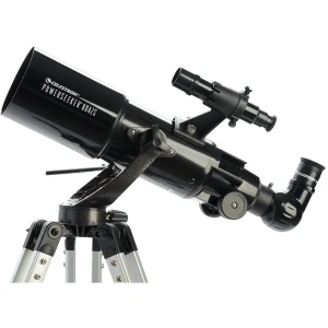A black Celestron refractor telescope from the left