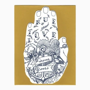 Hand shaped die cut card, tattoo style illustration of a heart and text: True love