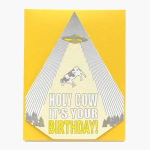 Die cut card, illustration of a cow beamed up by a ufo, text: Holy Cow it's your birthday