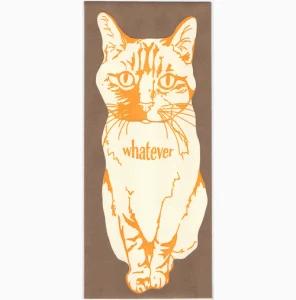 Cat shaped die cut letterpress flat card, details in neon orange ink.