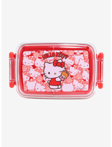 Red bento box with clear lid featuring Hello kitty illustration.