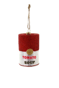 A glass ornament in the shape of a soup can with red and white label. A glass ornament in the shape of a soup can with red and white label.