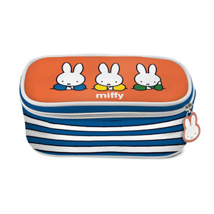 Oval shaped zip pencil pouch, orange background featuring three Miffy characters, Blue and white stripe detail around the sides.   Top view.