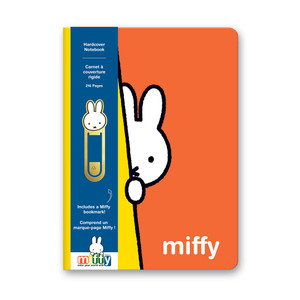 Miffy hardcover notebook front view. Yellow spine with orange background featuring Miffy peeking out from behind the yellow. Features enamel Miffy bookmark.