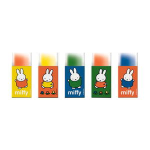 set of small rectangular erasers in colors yellow. orange, blue, green, and red. Featuring Miffy characters. Front View, unpackaged.