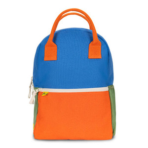 Backpack blue, green, orange color block body with white zipper and orange handle. Front view.