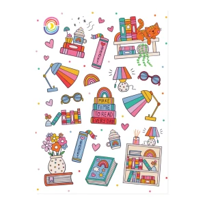 Book theme sticker sheet, bright colors, cats, books and bookshelves.