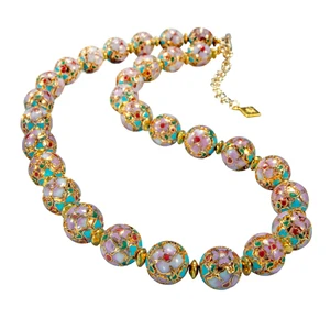 Image of a cloisonne necklace featuring pink and blue flowers with gold details.