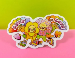 Love Is Love Holographic Sticker two flower people holding fans hugging eachother