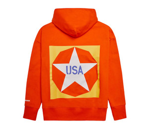 Orange hoodie, back view featuring large graphic of a White star that reads "USA" inside of an orange circle.
