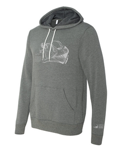 Heather grey Dippy hoody, Camarasaur and text imprinted in medium grey, CMNH logo lower left wrist. Heather grey Dippy hoody, Camarasaur and text imprinted in medium grey, CMNH logo lower left wrist.