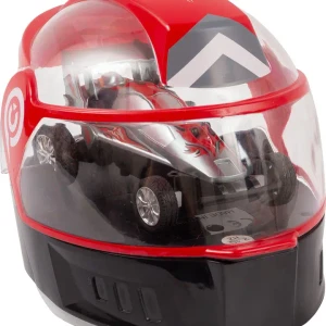 A red helmet case with a silver remote-controlled car inside