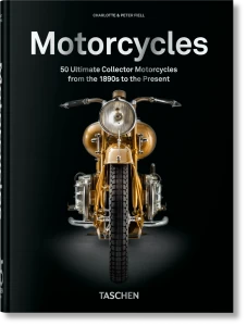 A black book cover with a copper colored motocycle