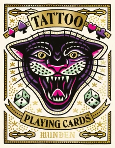 Tattoo black cat on the cover of the playing card packaging.