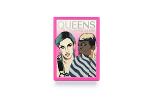 Hot pink packaging, cover has illustration of queens.