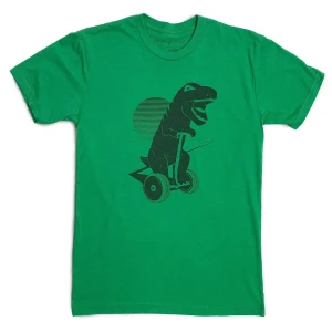 An illustration of an inflated T-rex  riding a Segway cruises in front of a sun motif. The shirt is a kelly green while the screen print image is in black.