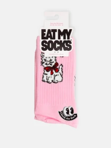 A pair of pink socks with illustration of a vintage white cat with red bowtie on neck.