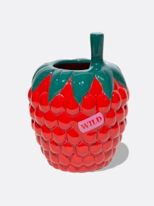Red ceramic, raspberry shaped vase, has open top
